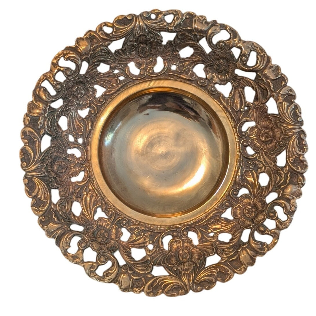 Vintage Brass Ornate Cut Out Floral Pedestal Bowl Compote