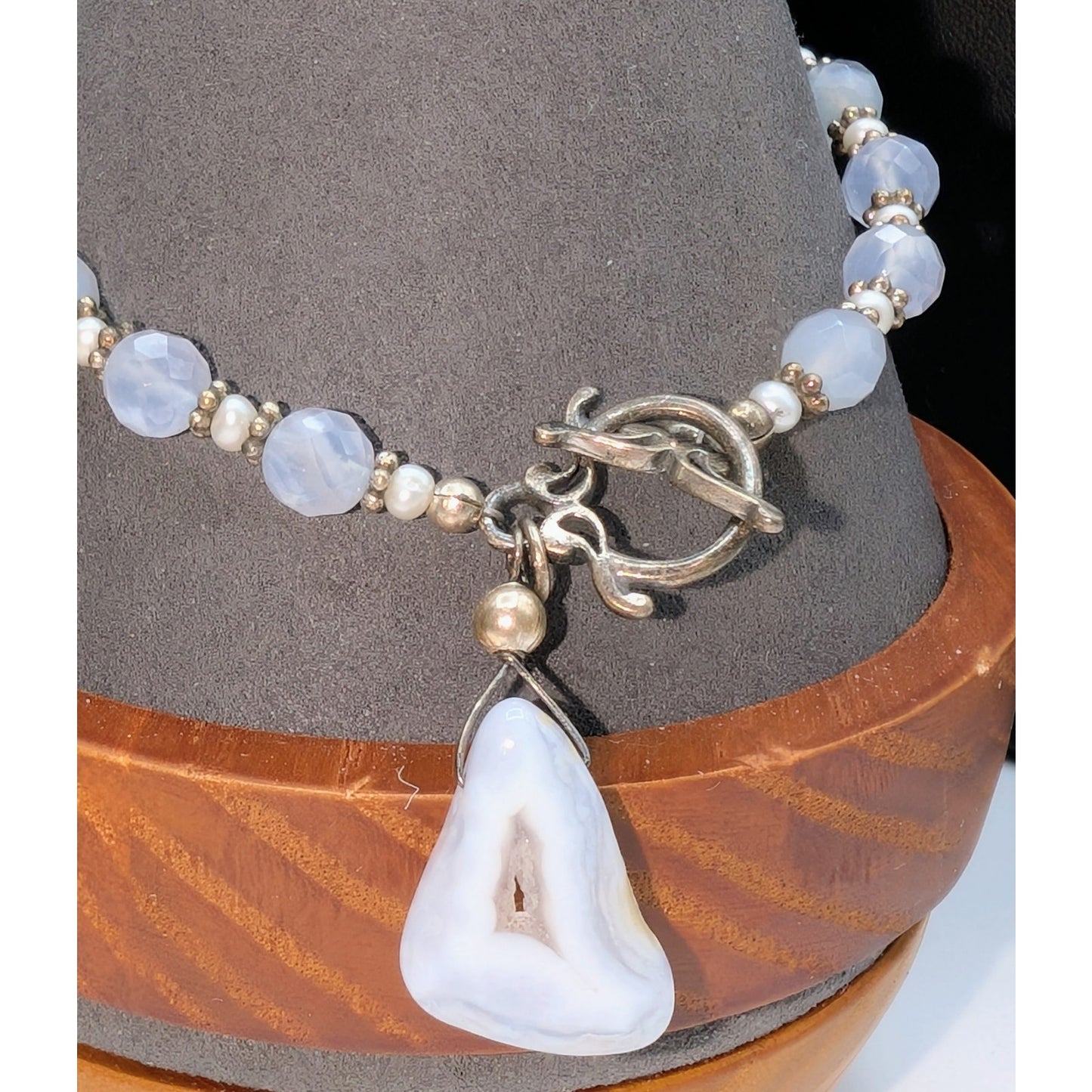 Blue Agate Seed Pearl Beaded Toggle Closure Bracelet
