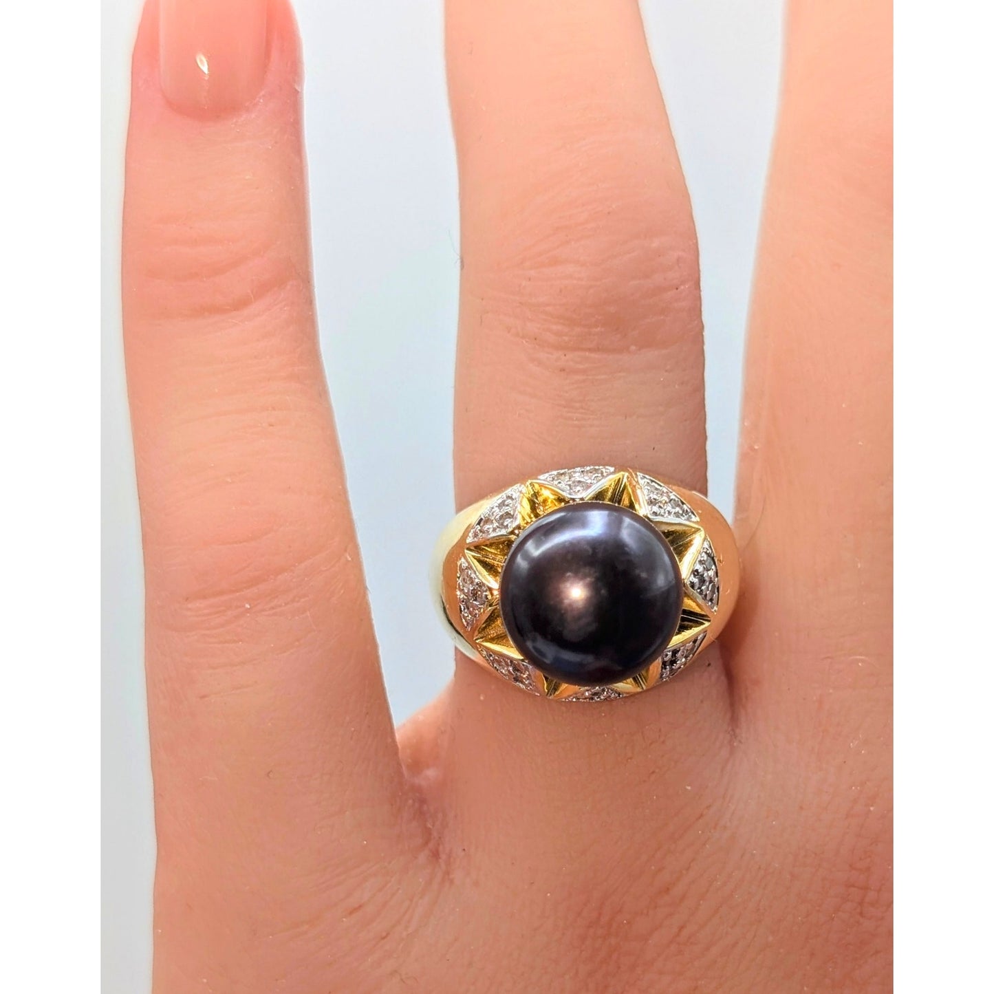 925 Sterling Gold Vermeil Purple Pearl & Diamond Accent Statement Ring Size 6.75