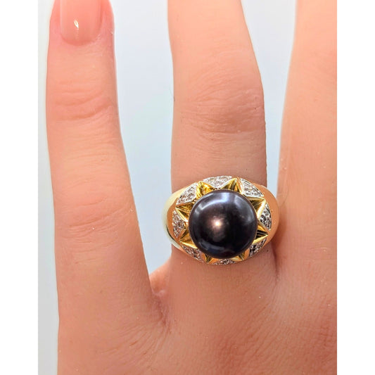 925 Sterling Gold Vermeil Purple Pearl & Diamond Accent Statement Ring Size 6.75