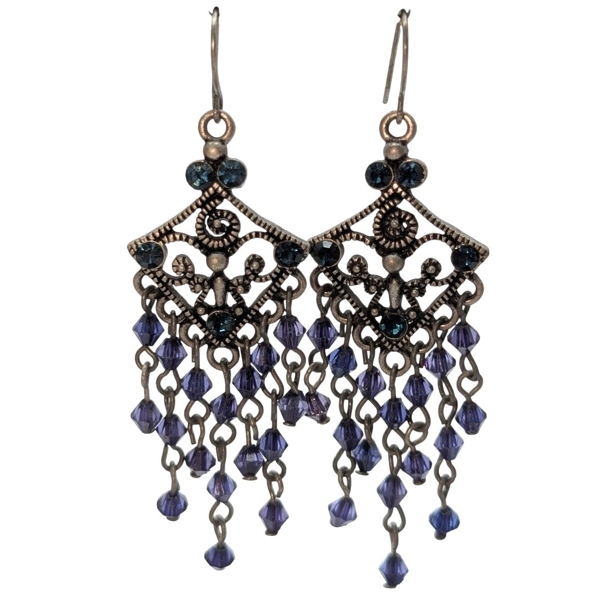 Blue Bead Chandelier Silver Tone Earrings