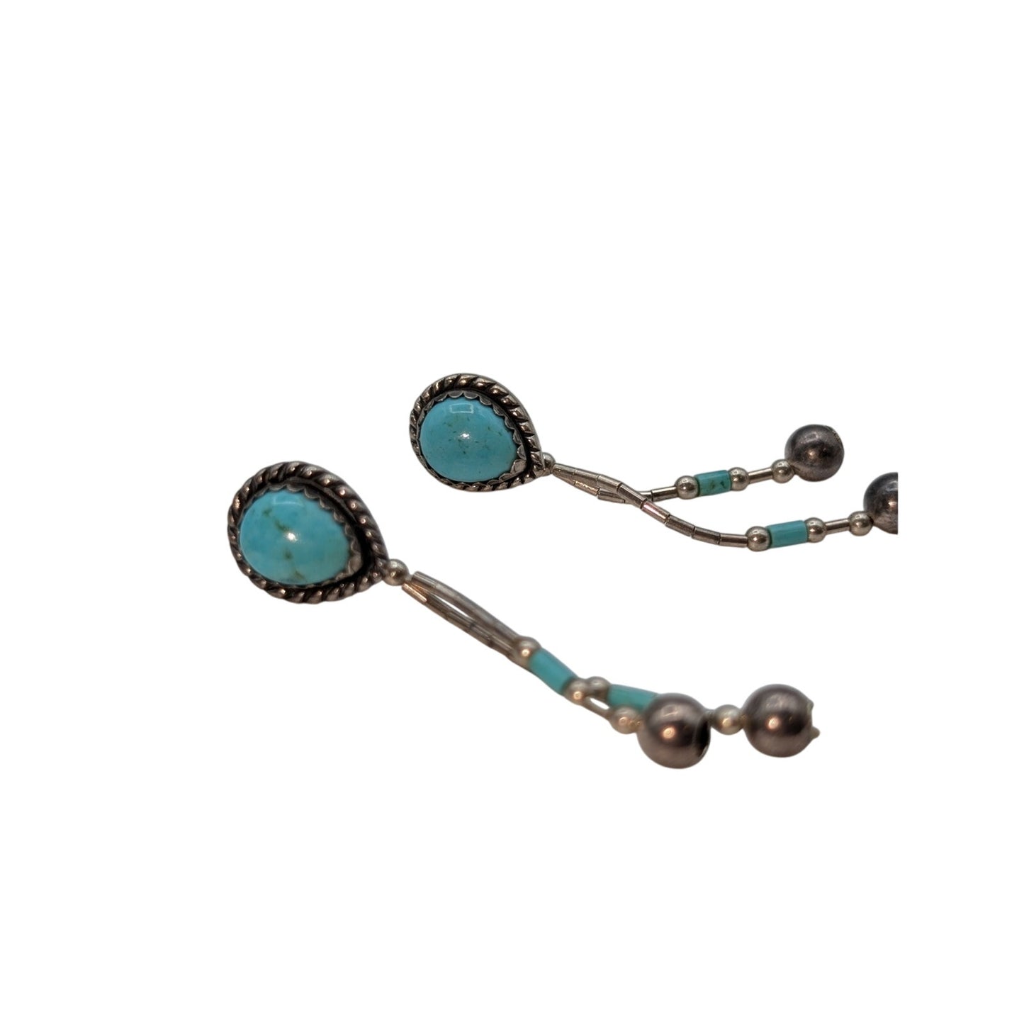 Navajo Native American Indian Sterling Silver Turquoise Dangle Pierced Earrings