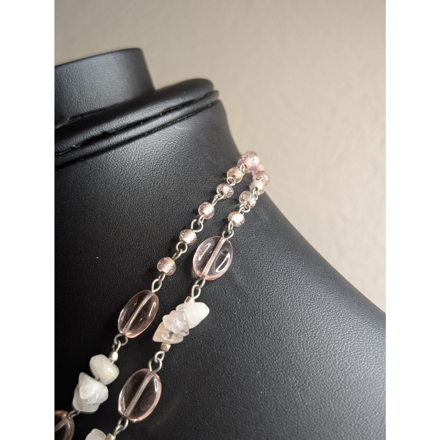 Robert Rose Pink Jadeite Quartz Chip Pink Glass Bead Double Strand Necklace