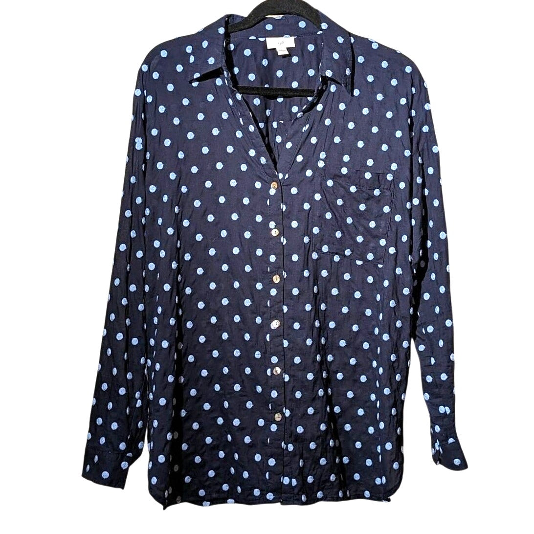 J Jill Navy Light Blue Embroidered Dot Oversized Button Up Blouse Womens Sz M