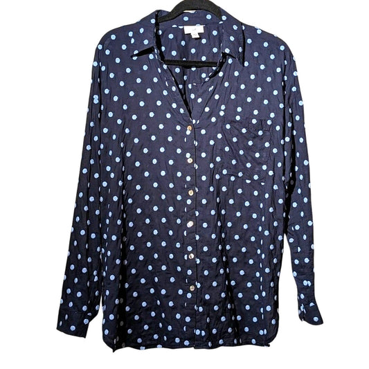 J Jill Navy Light Blue Embroidered Dot Oversized Button Up Blouse Womens Sz M
