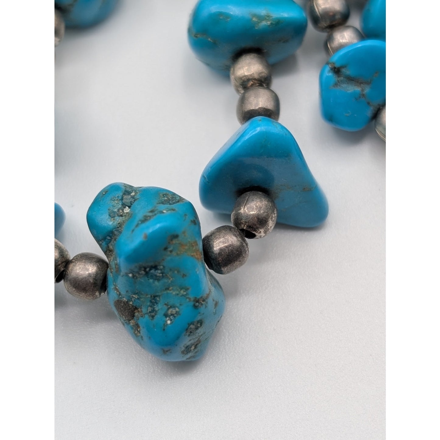 Vintage 1960s Turquoise Nugget Silver Beaded Hook Clasp 28" Necklace
