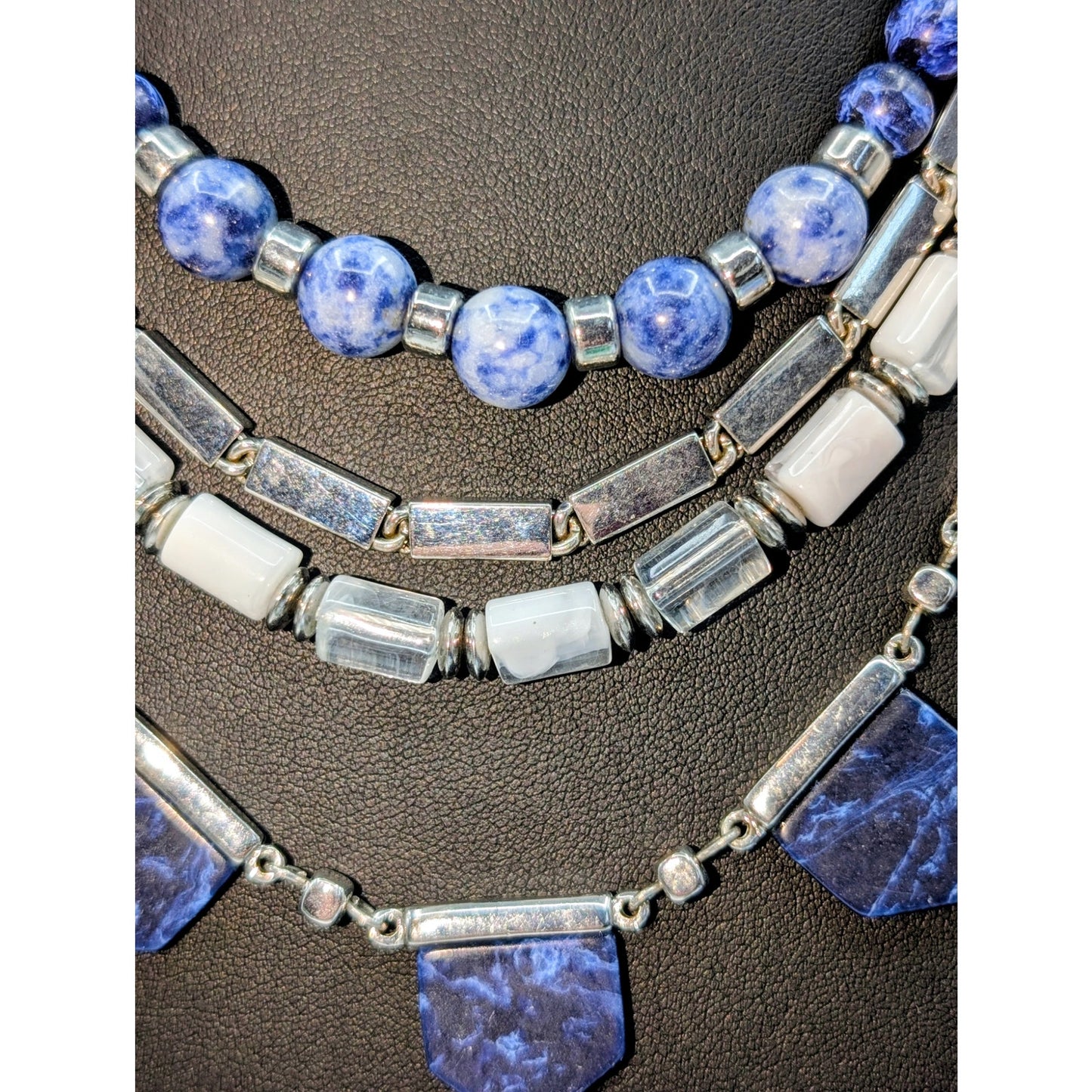White House Black Market Four Strand Blue Silver Tone Beaded Stone Necklace