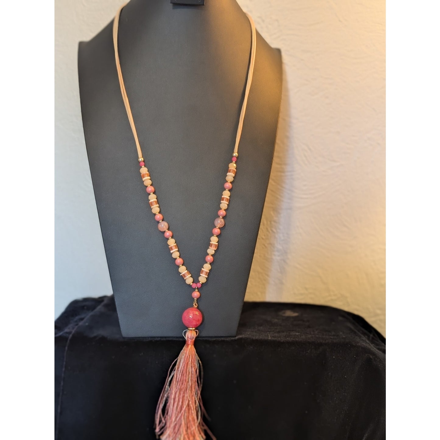 Pink Glass Bead Leather Cord Pink Satin Tassel Long Boho Necklace