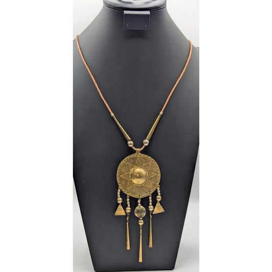 Vintage Brass Sunburst Dangle Pendant Corded Tribal Boho Approx 28" Necklace