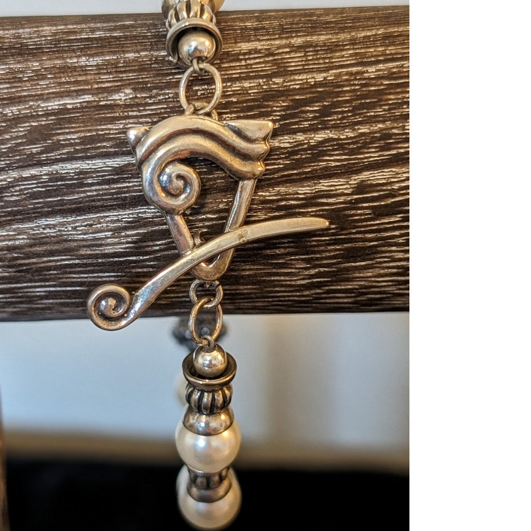 925 Sterling Silver Glass Faux Pearl Bead Fancy Toggle Clasp  7.5" Bracelet