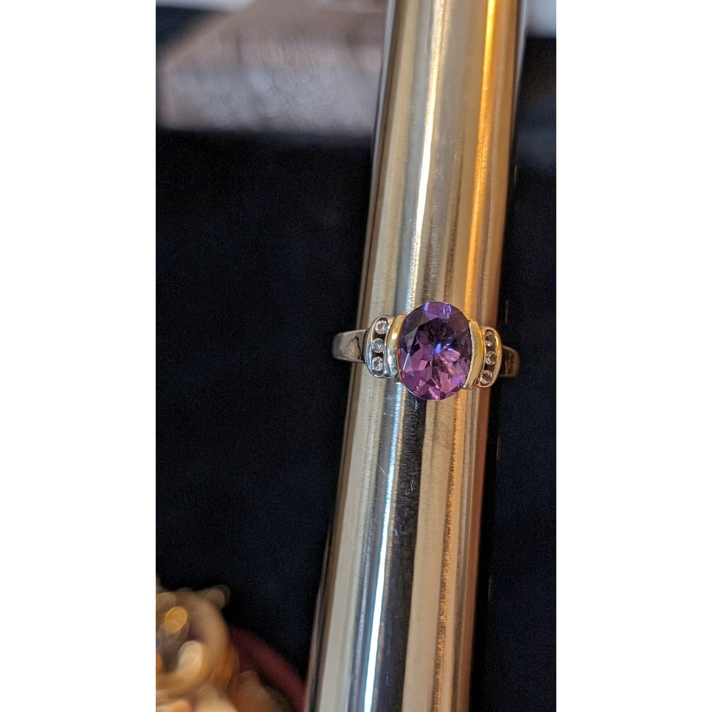Amethyst White Spinel 925 14K Partial Bezel Set Ring Size 7.5