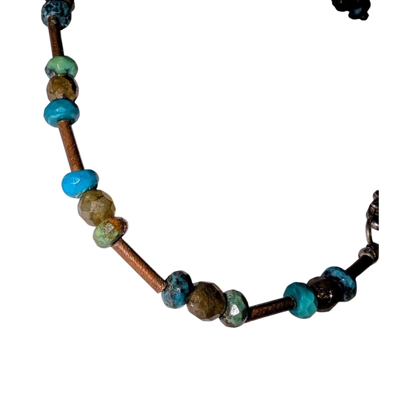 925 Sterling Silver Turquoise & Glass Copper Rod Beaded 11" Ankle Bracelet