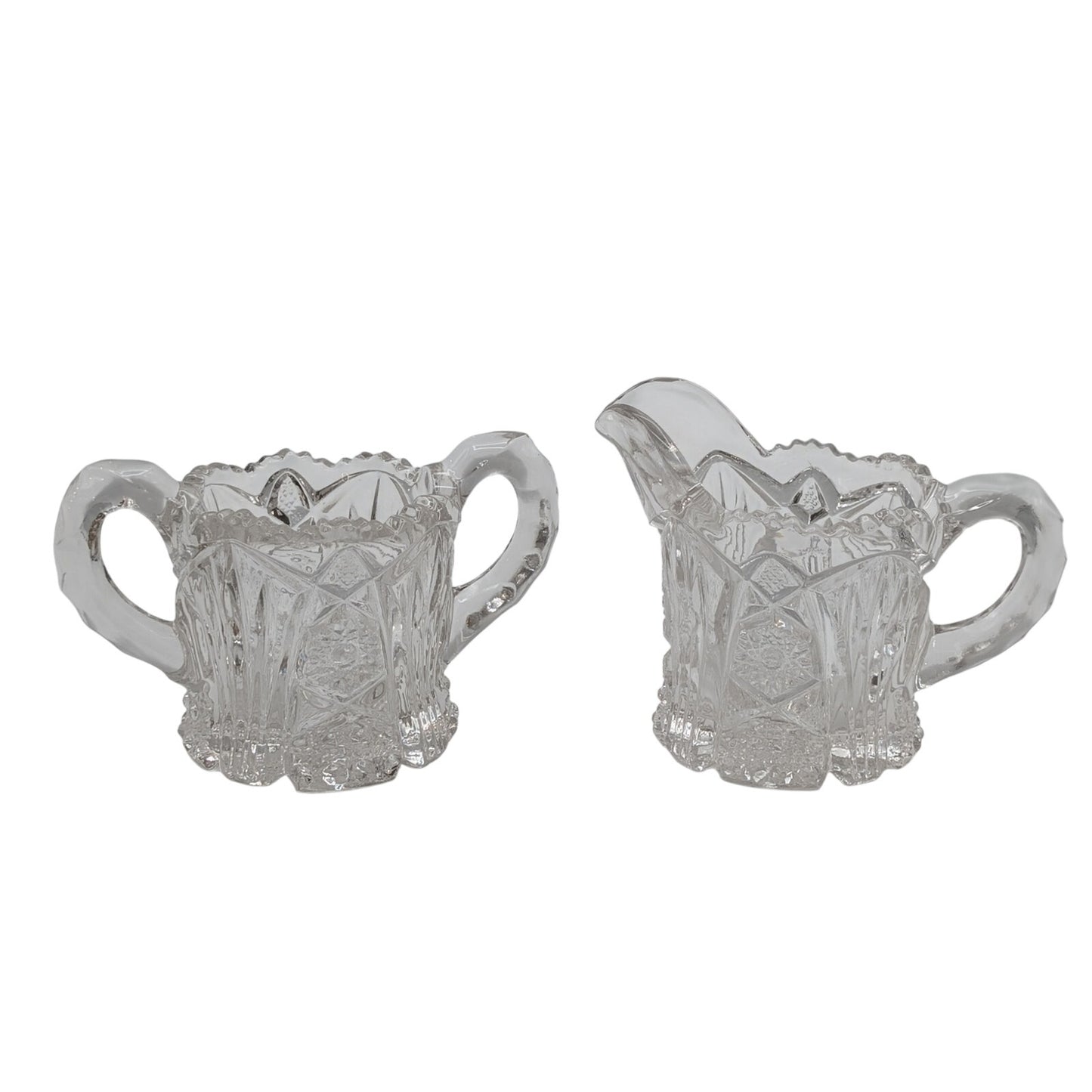 Vtg EAPG Imperial Glass Nucut Hobstar Button Clear Creamer Pitcher & Sugar Set