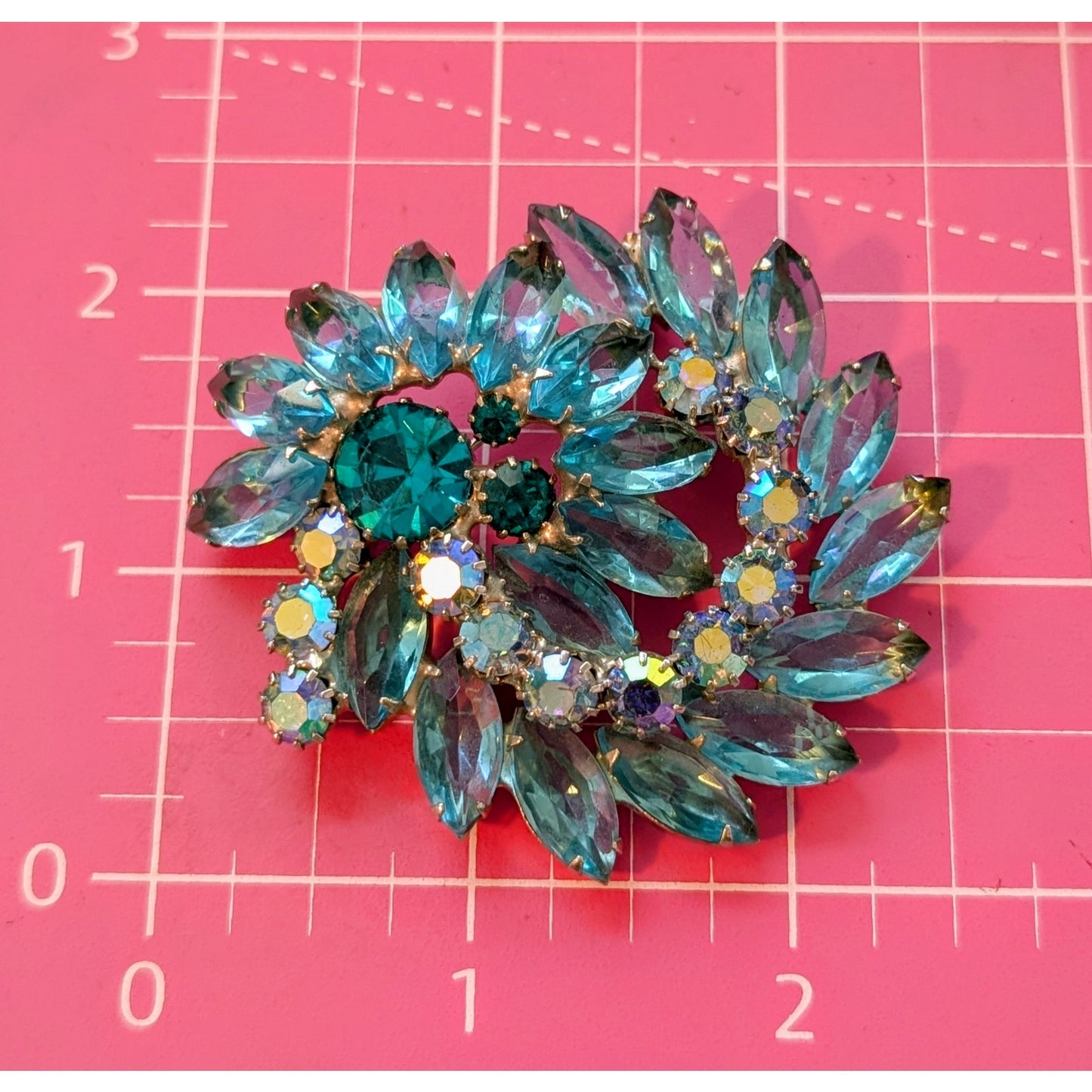 Vintage Signed Weiss Blue & AB Rhinestone Large Brooch