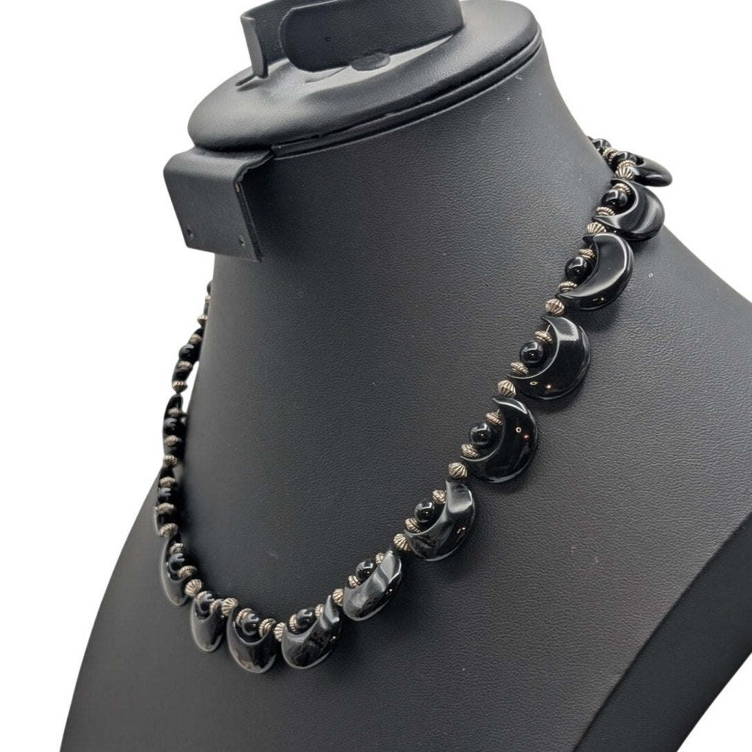 Vintage Black Onyx or Tourmaline Moon Shape Bead Silver Tone 17"-19" Necklace