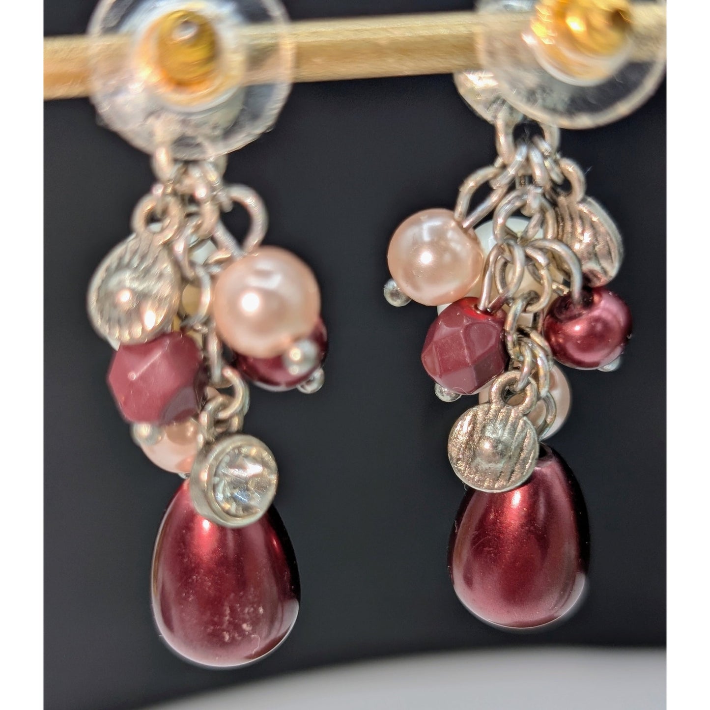 Maroon Pink White Faux Pearl Rhinestone Cluster Dangle Earrings