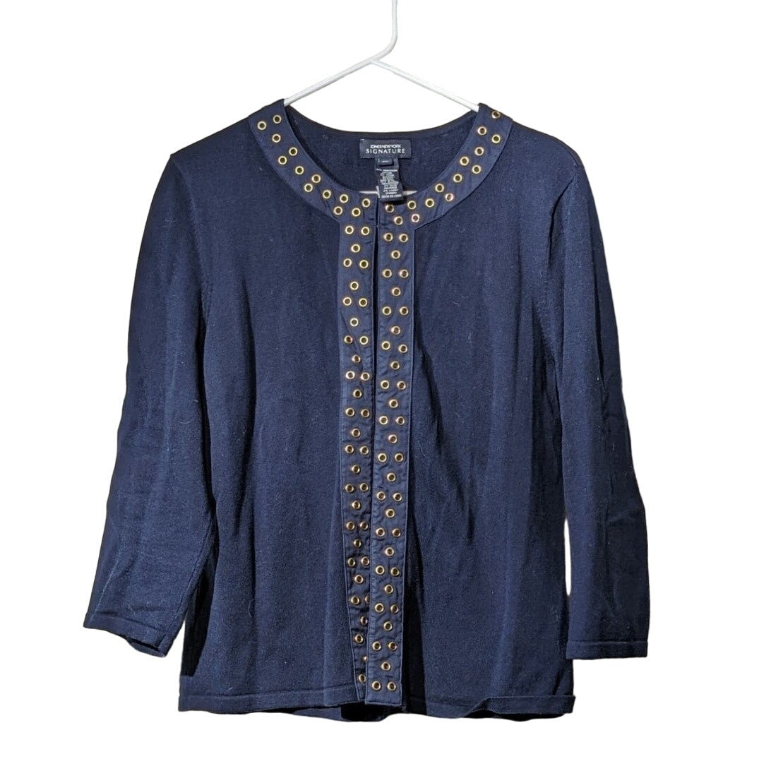 Jones New York Signature Vintage Navy Grommet Placket Cardigan Womens Sz XL