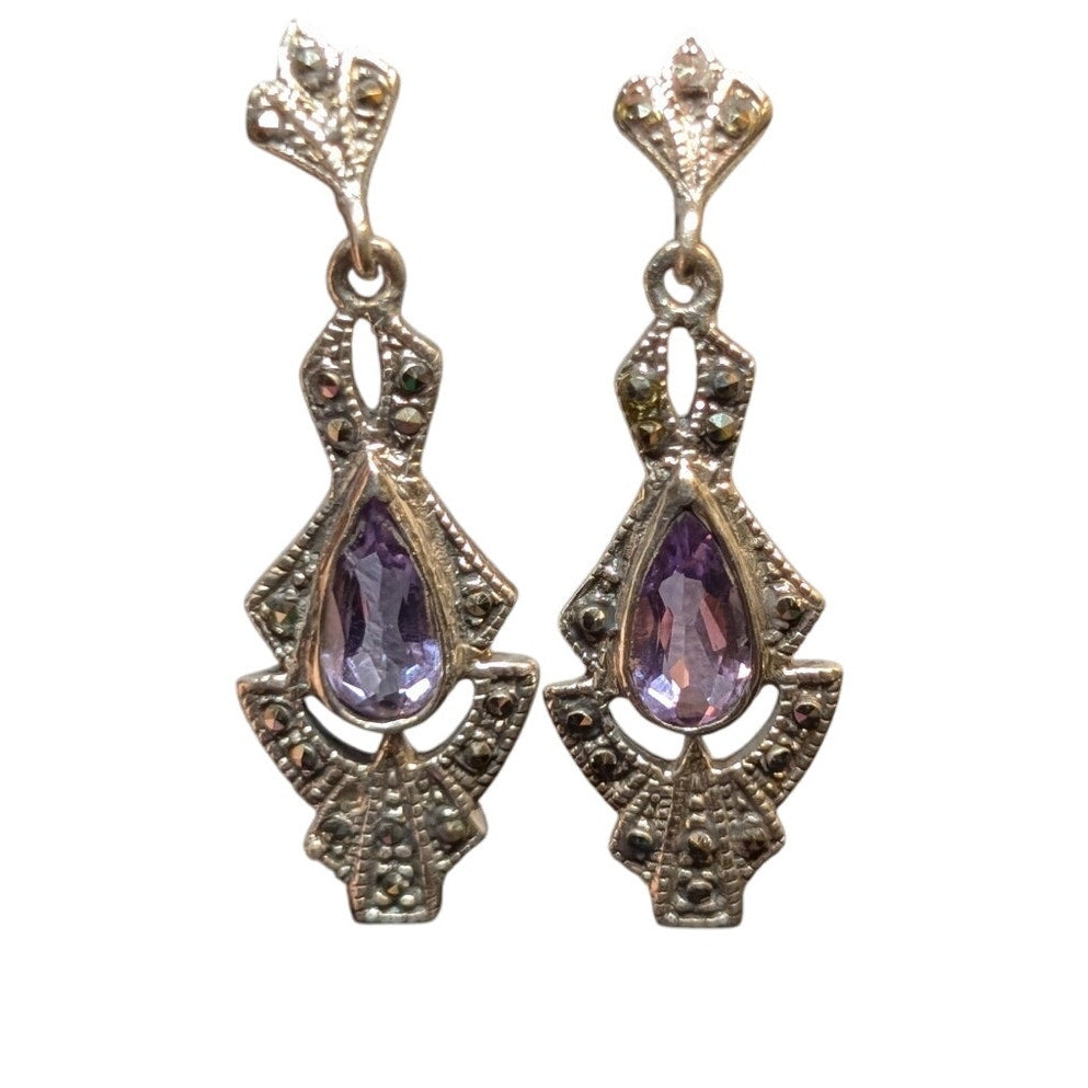 Vtg 80s Art Deco Sterling Silver Teardrop Amethyst Marcasite Post Drop Earrings