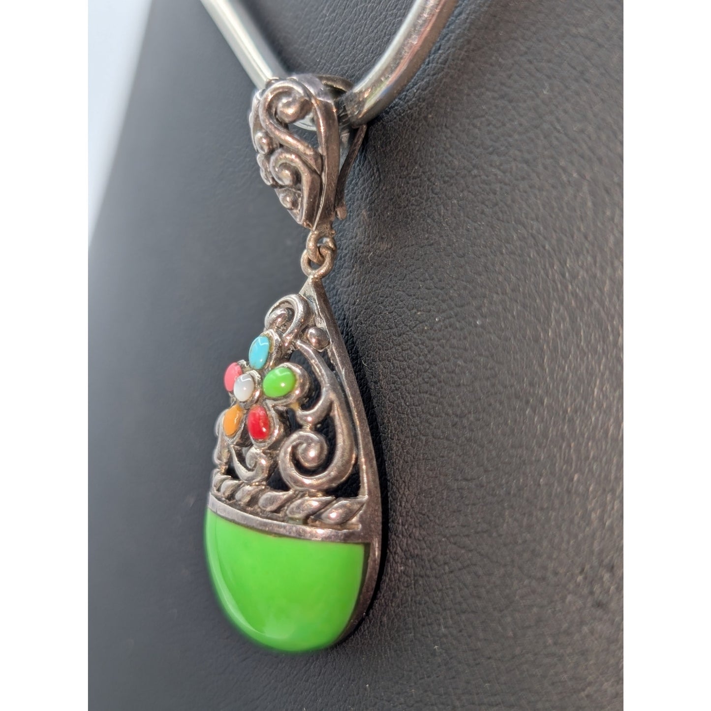 VTG Green Teardrop Multi-Color Stone 925 Sterling Silver Filigree Pendant (Only)