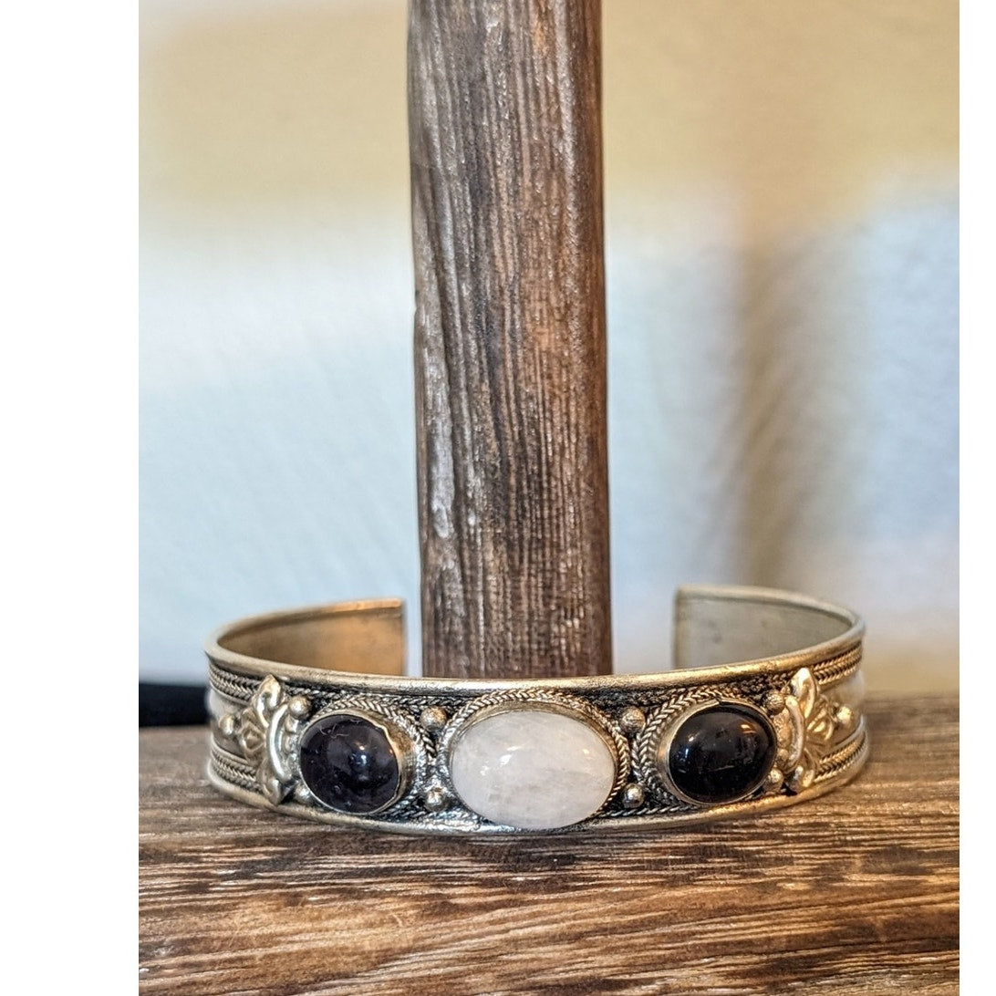 Vintage Bezel Set Glass Three Stone Silver Tone Cuff  Bracelet
