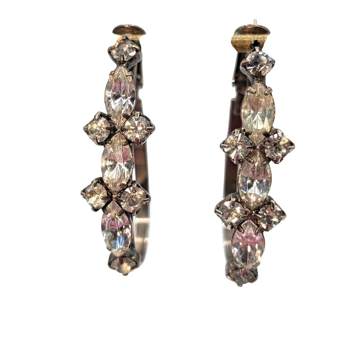 Silver Tone Front Long Prong Set Rhinestone Oblong Hoop Earrings