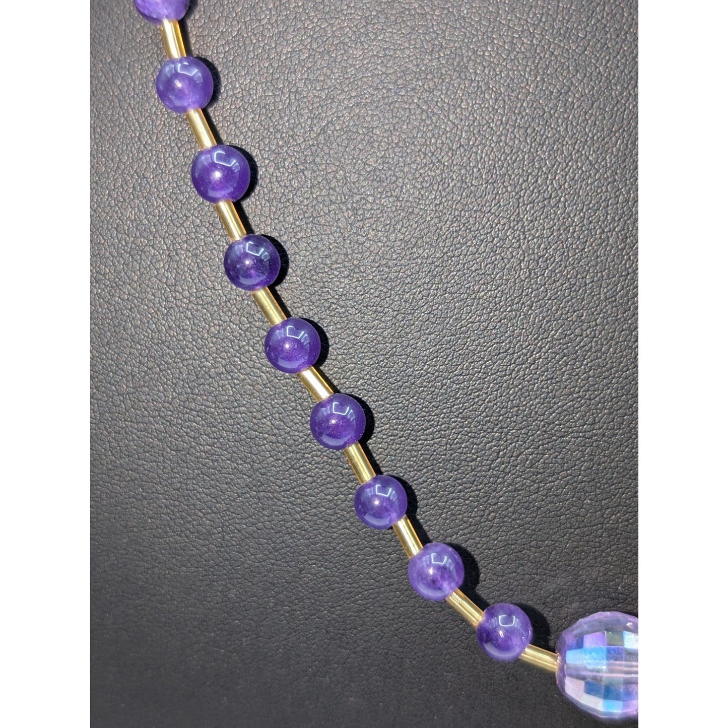 Amethyst Stone & Faceted Crystal Center Bead Gold Tone Toggle Clasp 28" Necklace