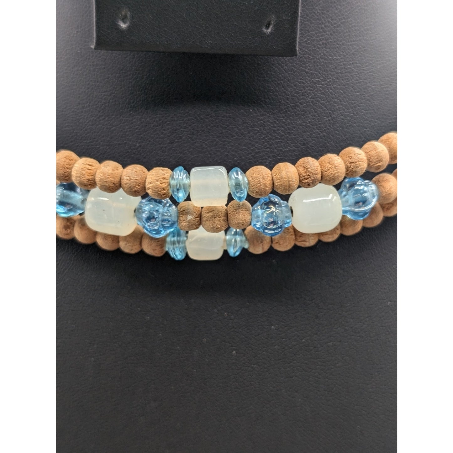 Vintage Triple Strand Wood Light Blue & Milky White Beaded Wire Boho Choker