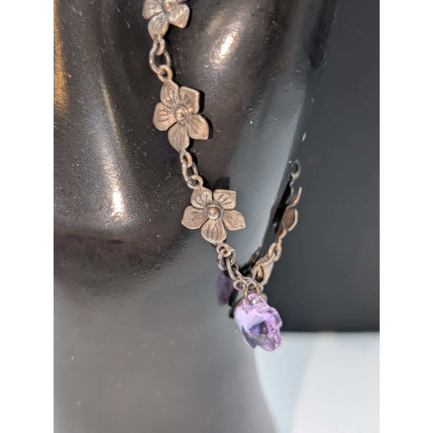 Vintage 925 Sterling Silver Flower Station Purple Crystal Flower Charm Bracelet