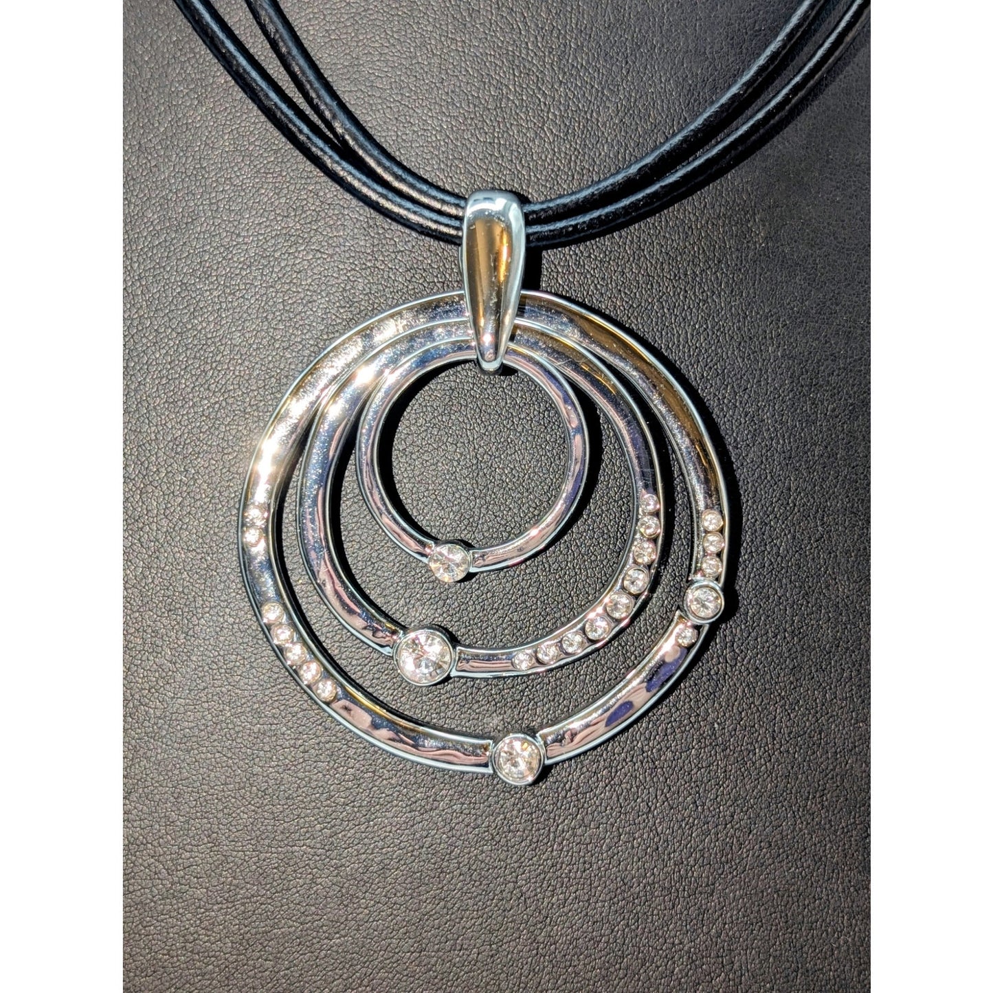 Chico's NWT Black Corded Hammered Silver Tone Rhinestone Circle Pendant Necklace