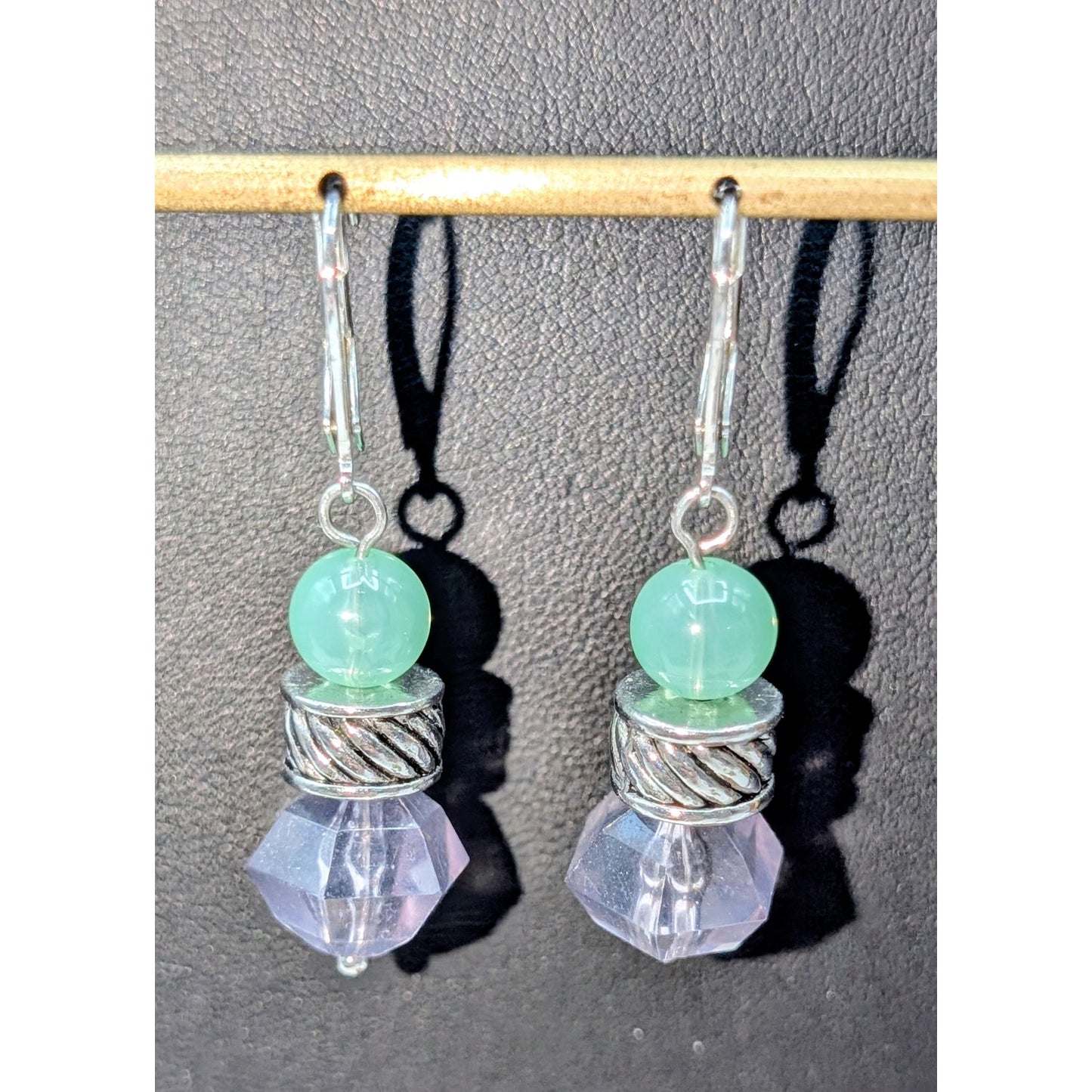 Green Stone Silver Tone Lever Back Dangle Earrings