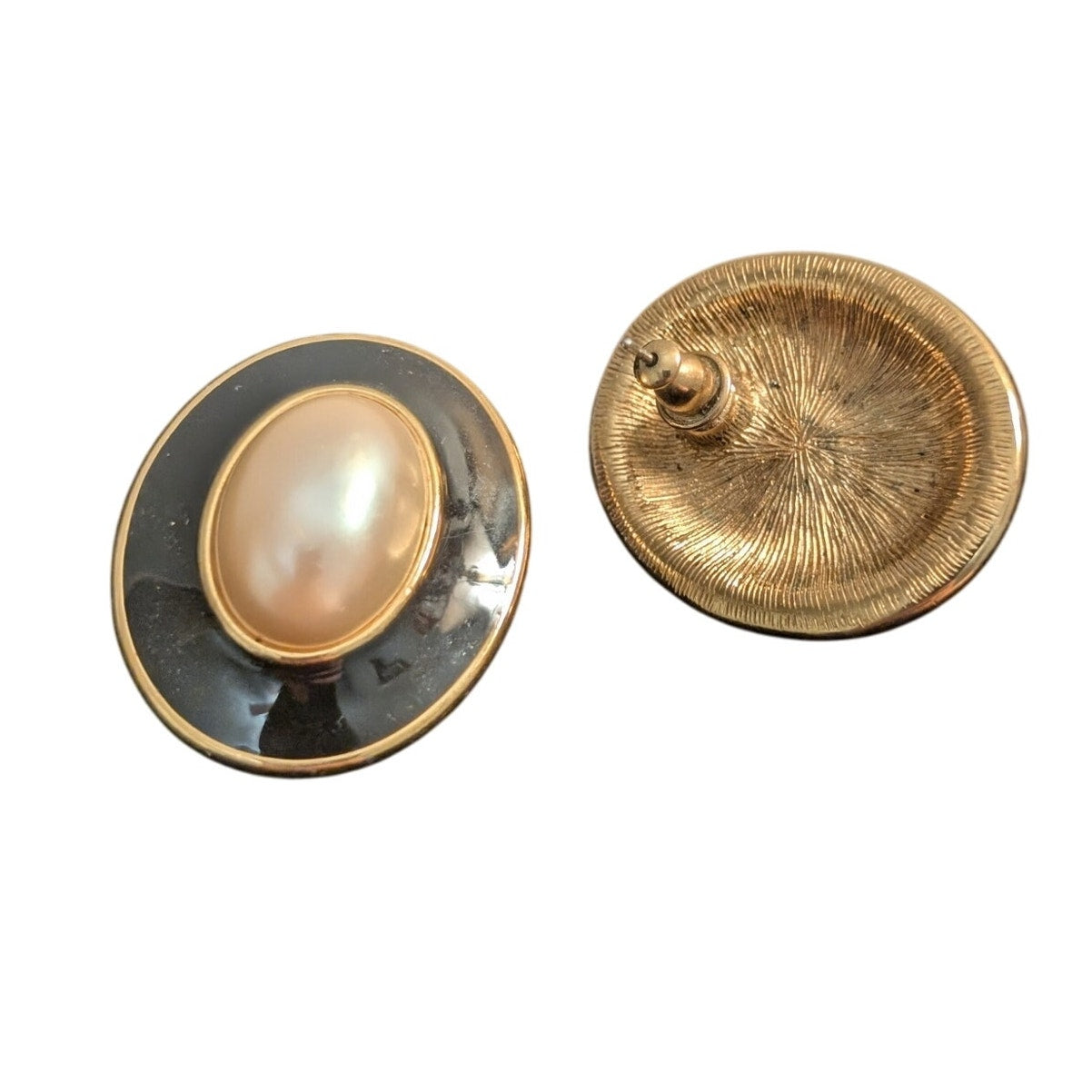 Vintage 80s Black Enamel Faux Mabe Pearl Oval Button Pierced Earring
