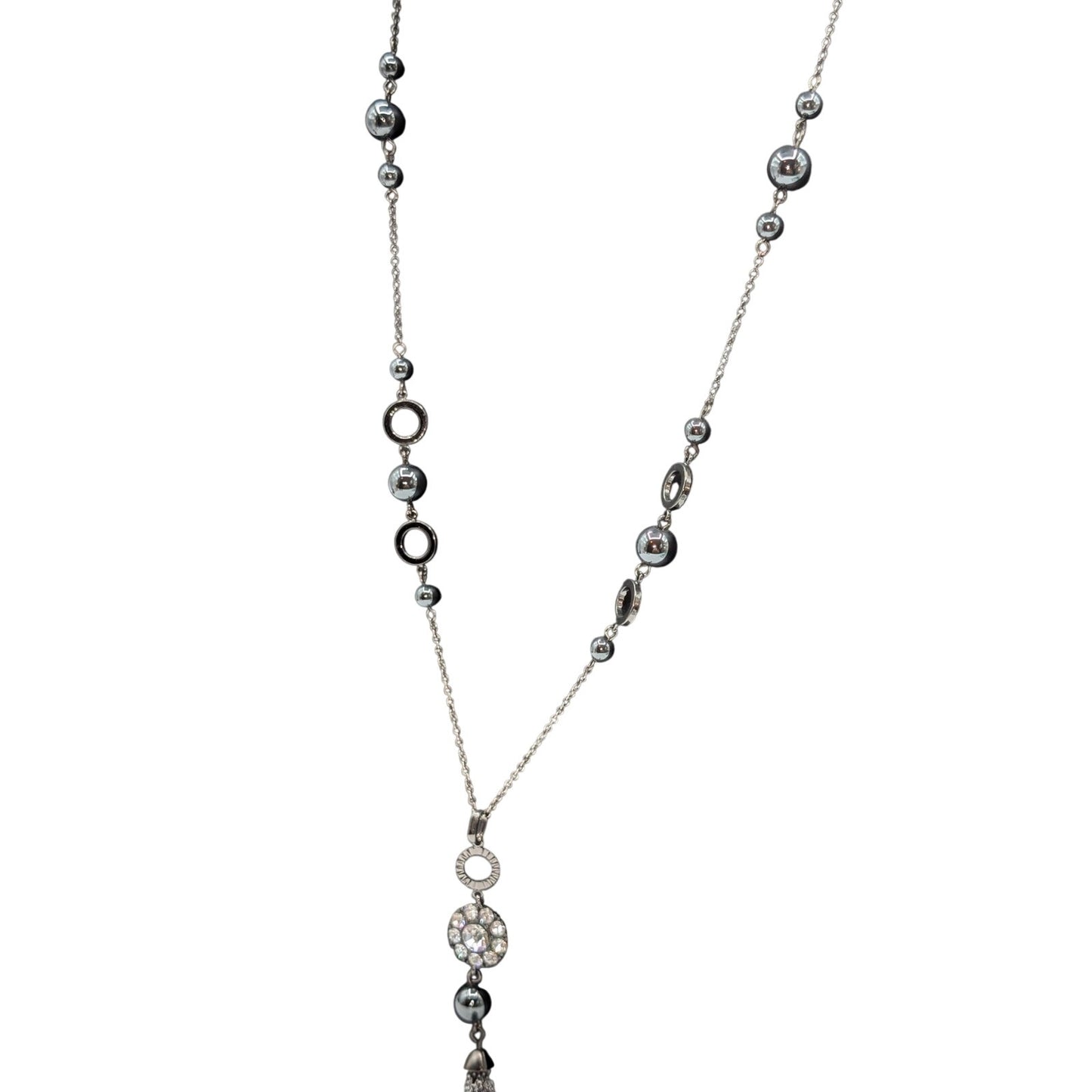 Lia Sophia Gun Metal Metallic Bead Rhinestone Tassel 27"-30" Chain Necklace