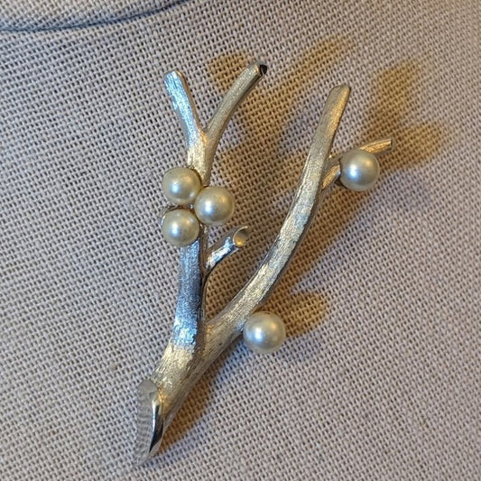 Trifari Signed (Crown Over 'T') Silver Tone Faux Pearl Branch Brooch Rare Find