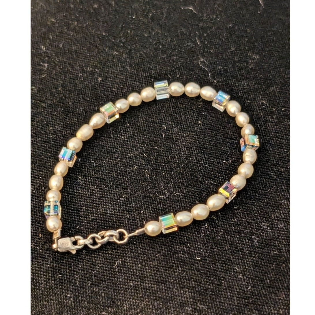 Freshwater Pearl Square Crystal 925 Sterling Silver Bracelet