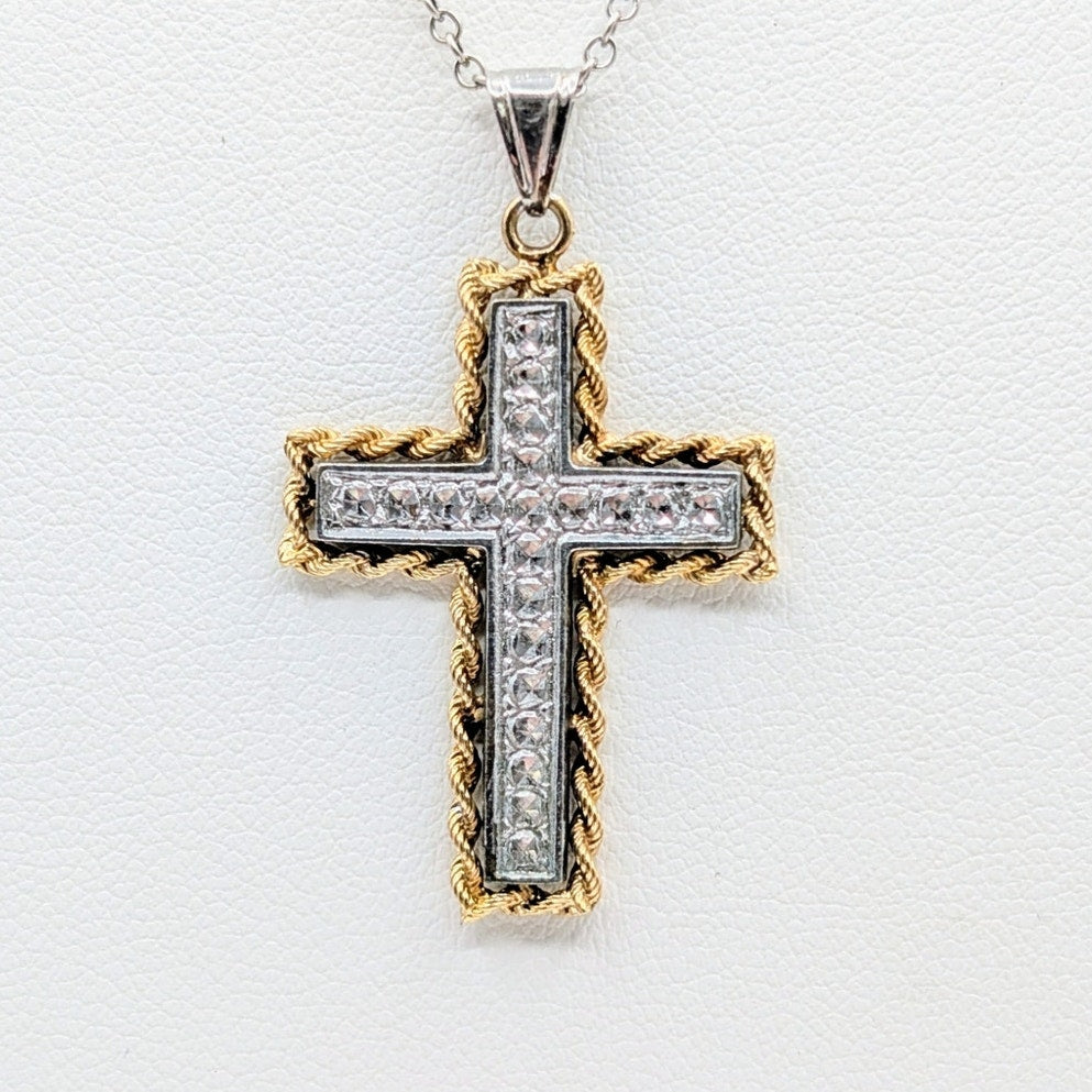 Peru 925 Sterling 1/3 10K Yellow Gold Two Tone Cross Pendant Chain 18" Necklace