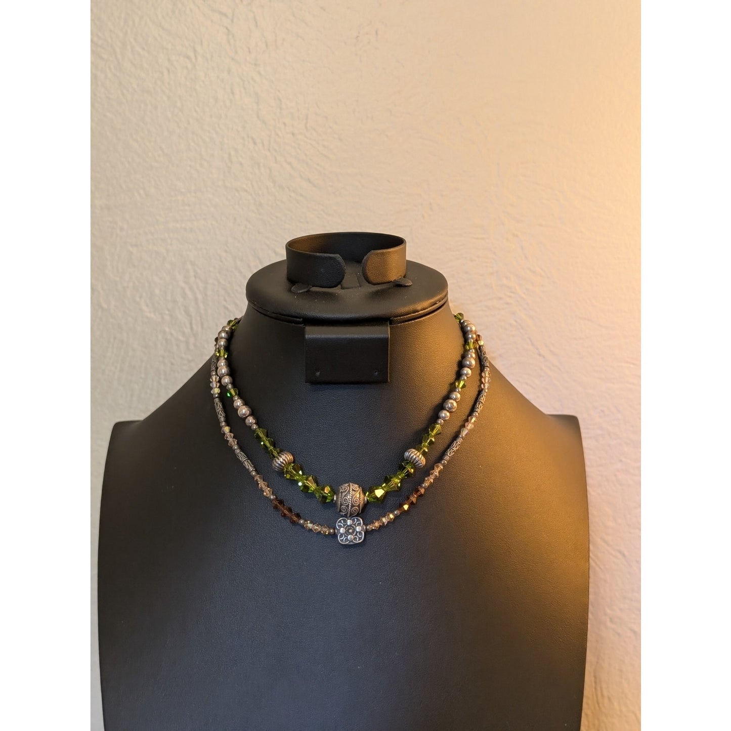Two 925 Sterling Green Champagne Smoky Topaz Crystal Balinese Bead Necklaces