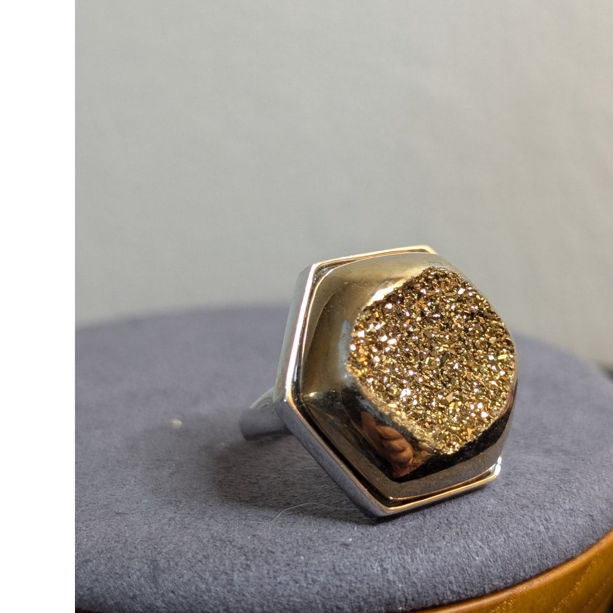 Chunky Hexagon Gold Druzy Quartz Two Tone Sterling Silver Ring Size 8