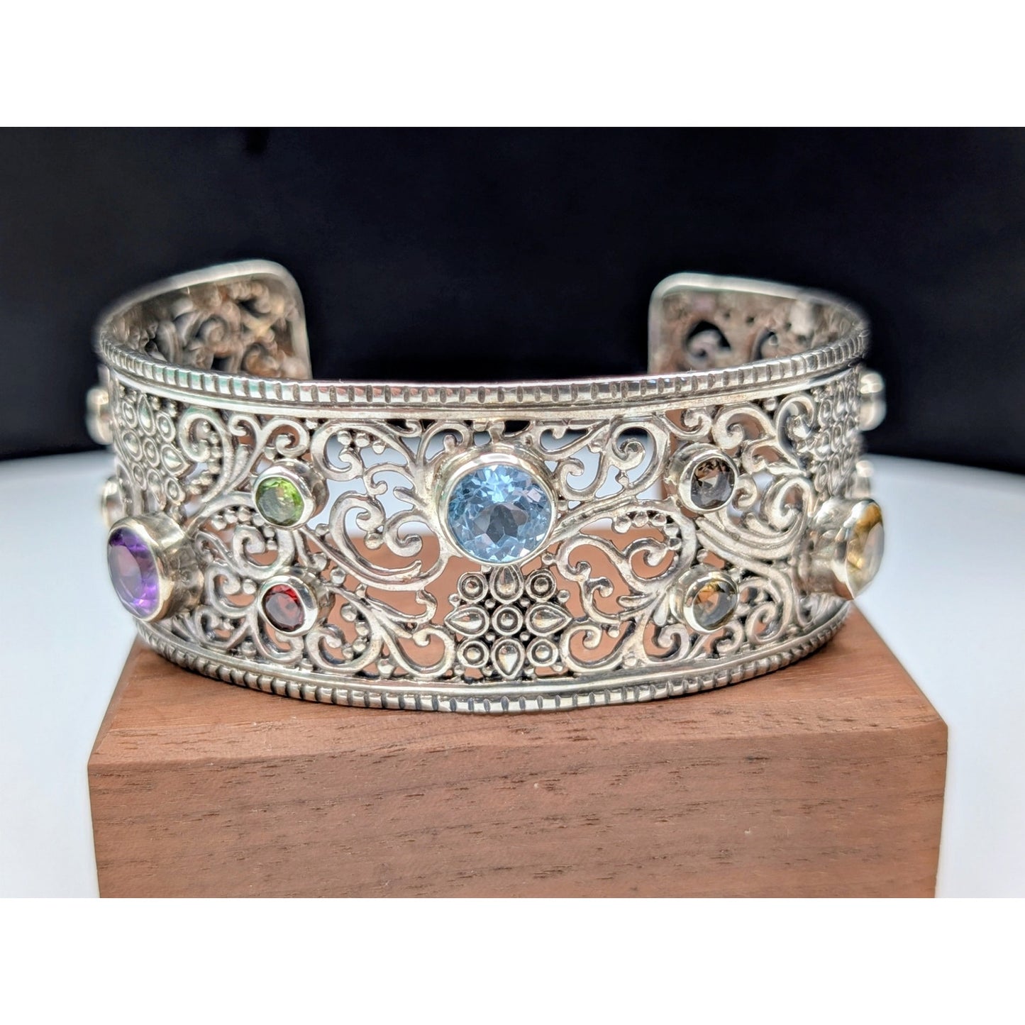 Samuel Benham 925 Sterling Bezel Set Multi-Gemstone Scroll Cuff Bracelet 40.69g