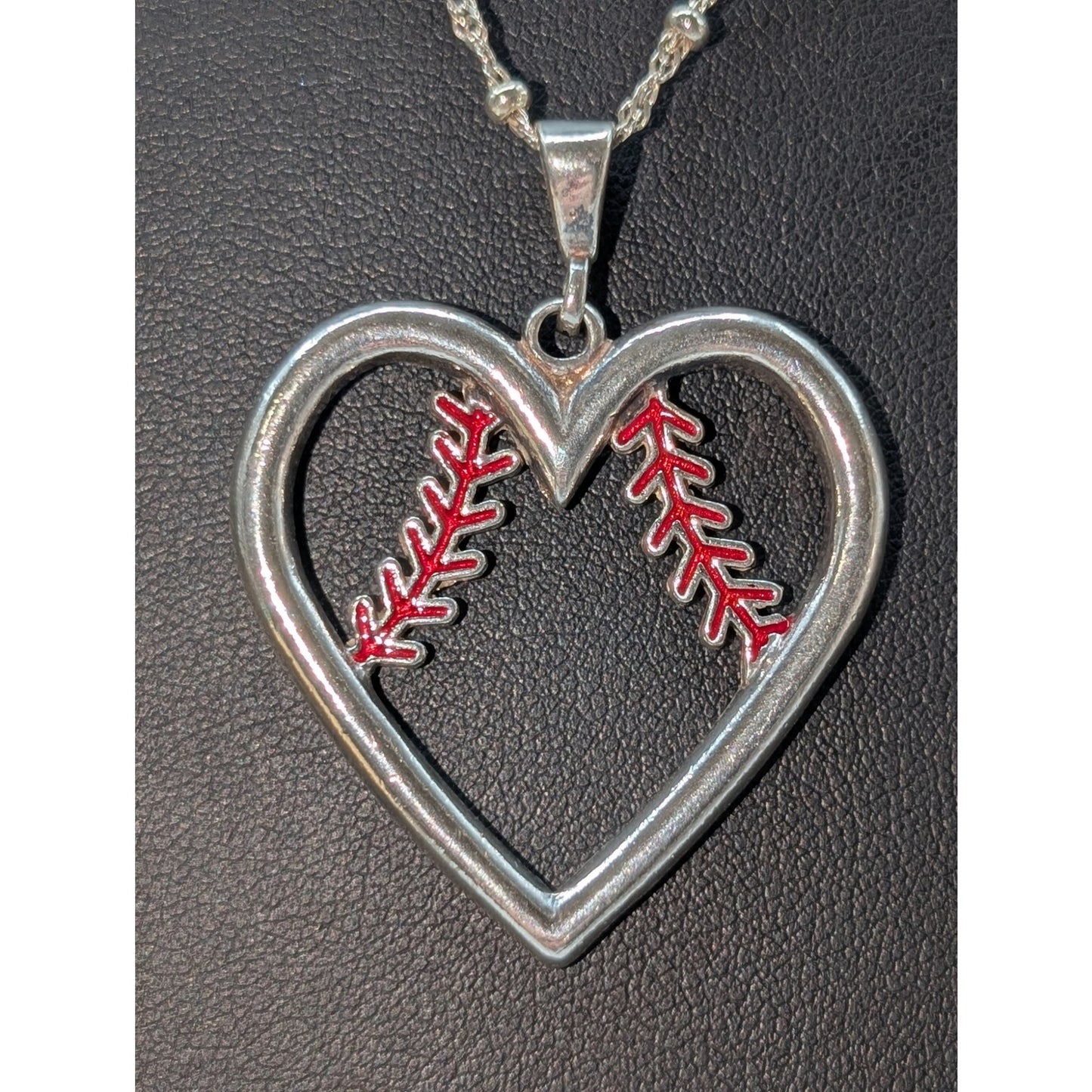 Large 925 Sterling Silver Red Enamel 'Baseball Heart' Pendant Chain Necklace