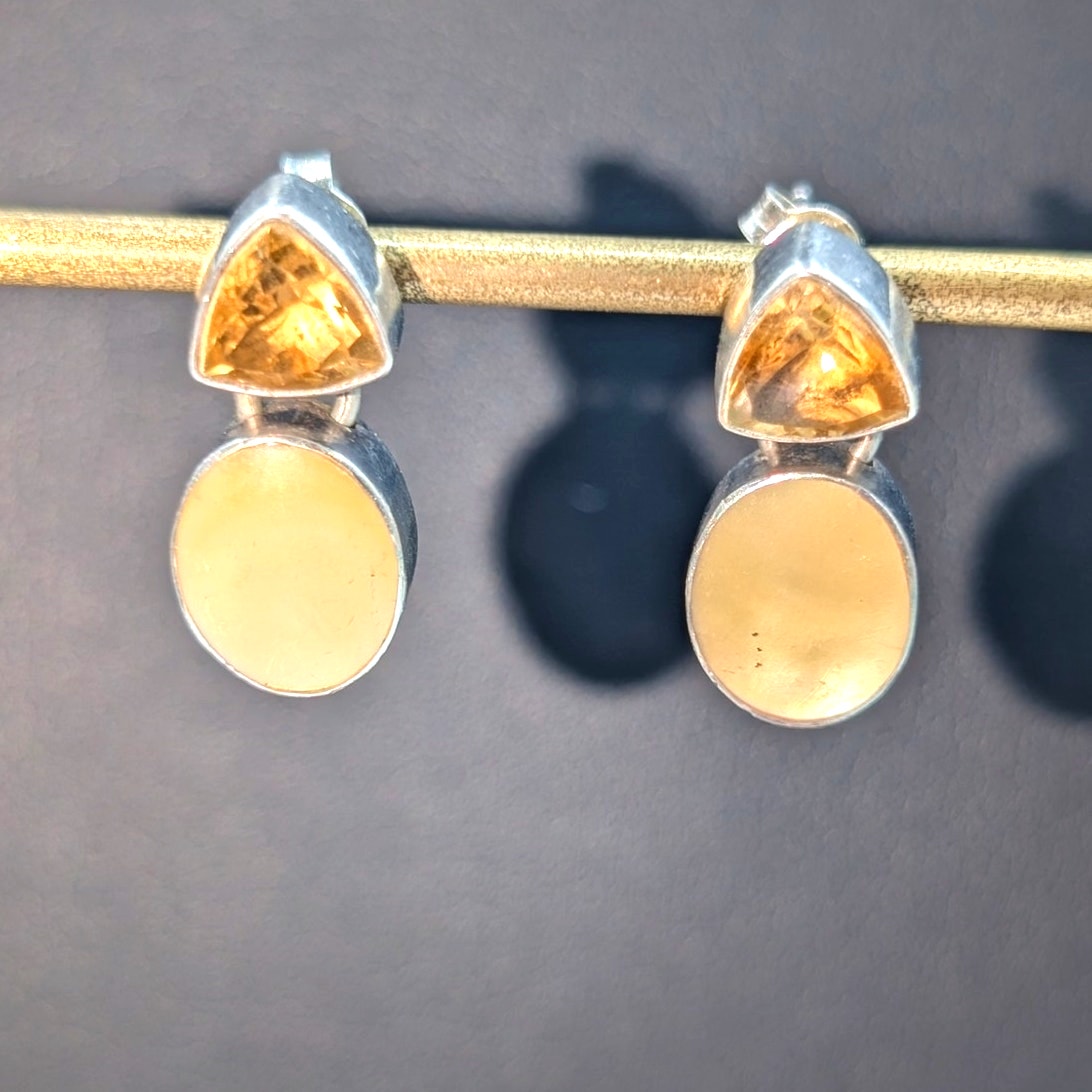 Vtg 925 Sterling Silver Citrine & Yellow Mother of Pearl Drop Pierced Earrings