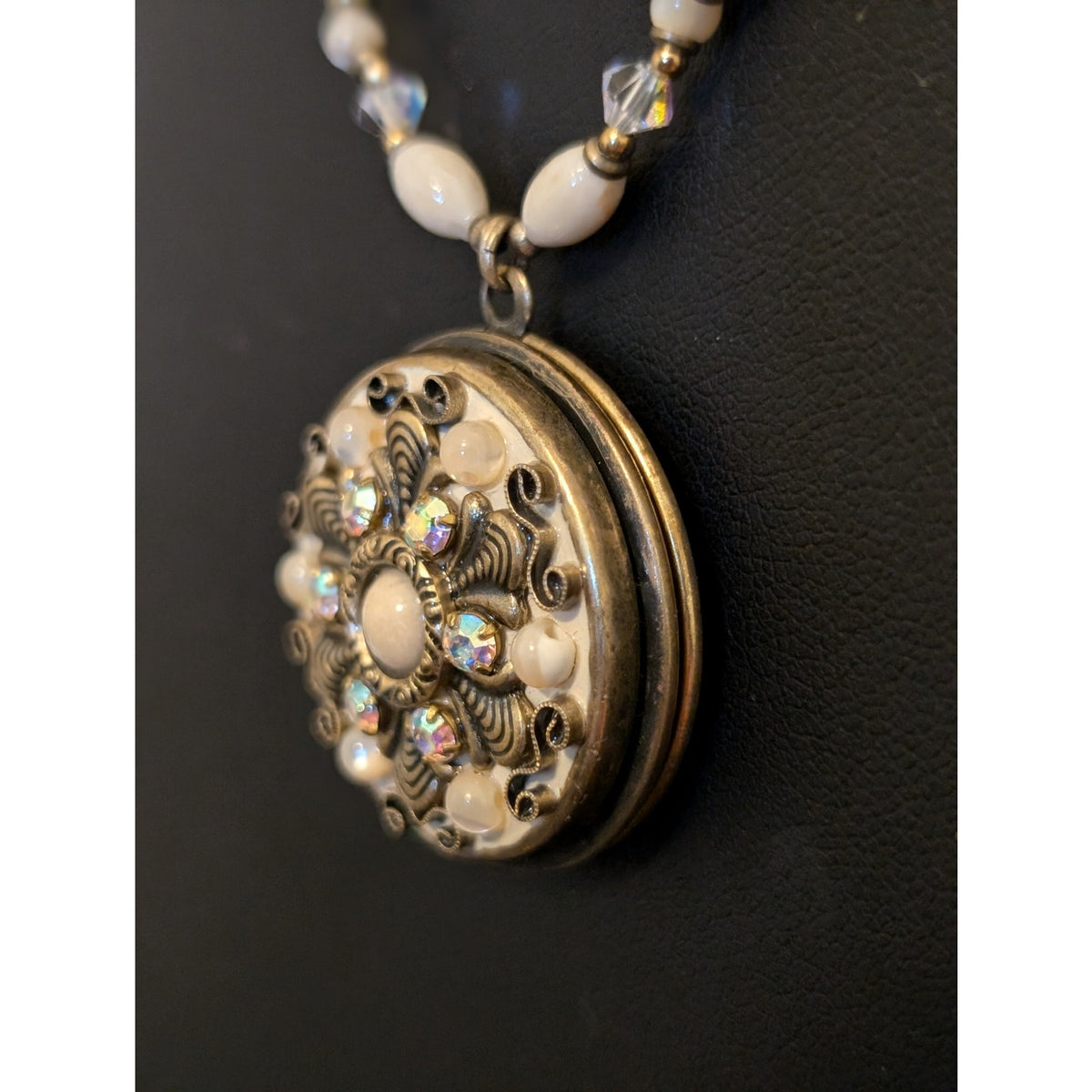 Signed Michal Golan Pearl Crystal Victorian Locket 18"-21.5" Necklace