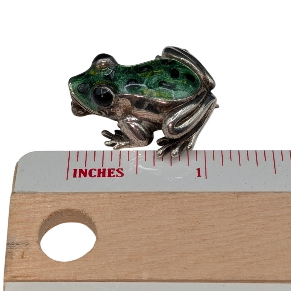 Vtg 925 Italy Sterling Hand-Painted Green Spotted Enamel Frog Brooch 11.14g
