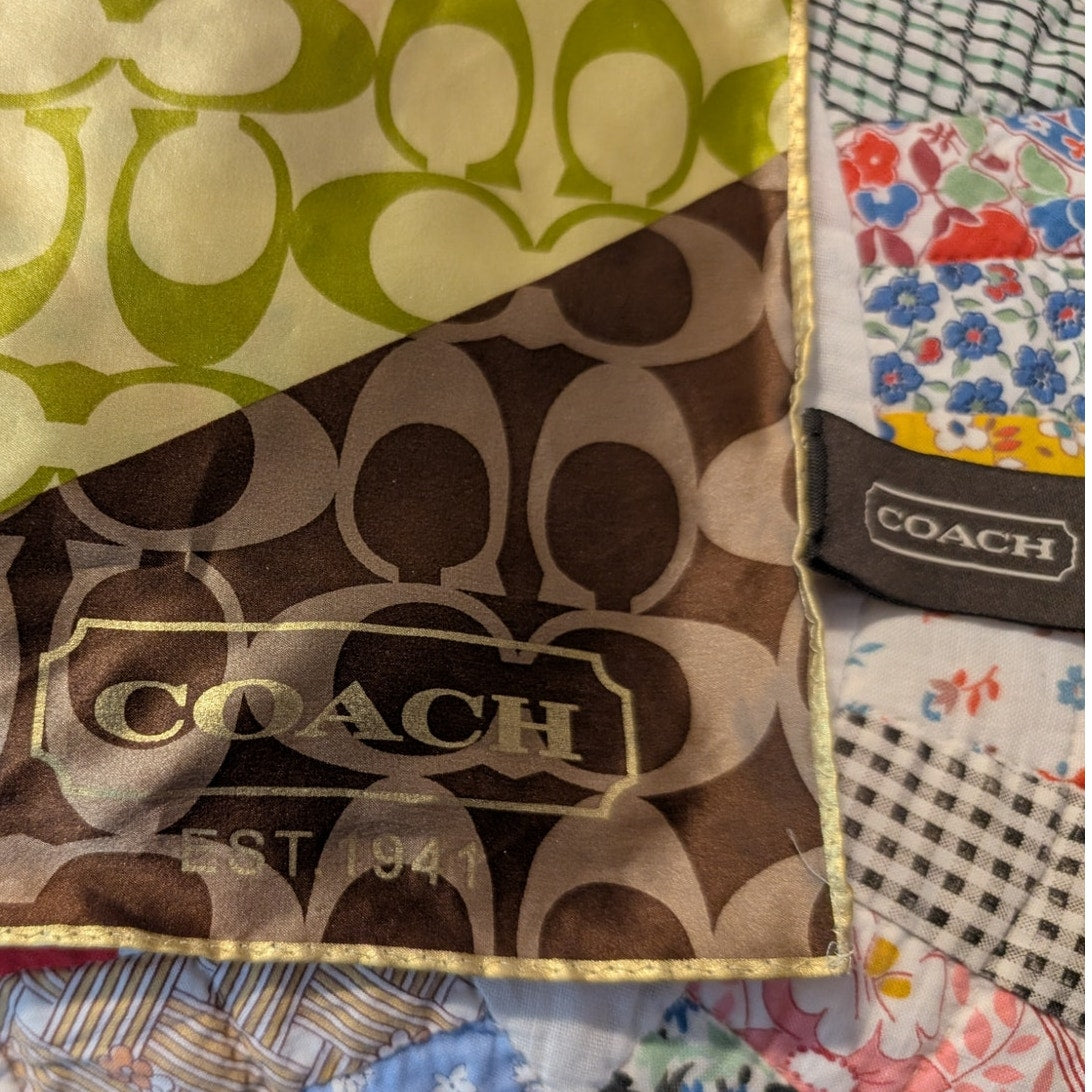 Retired COACH Multi-Color Logo 100% Silk Gold Trim 27" X 27" Scarf