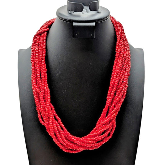 Vintage Tribal Multi-Strand Red Glass Bead Torsade Button Clasp 26" Necklace