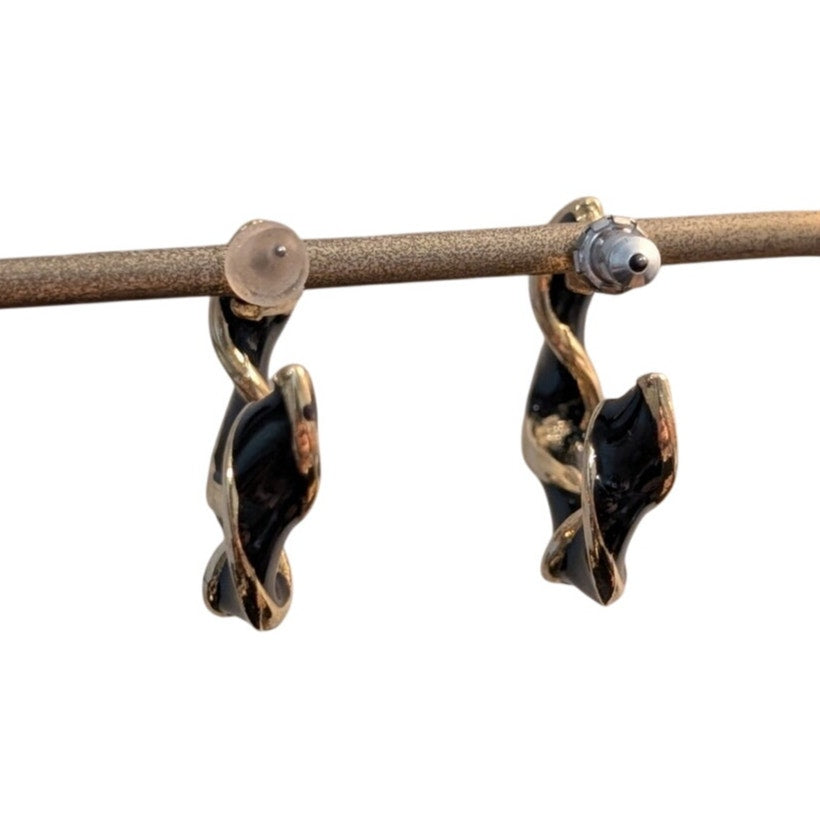 Vintage Gold Tone Navy/Black Enamel Twisted Half Hoop Post Earrings