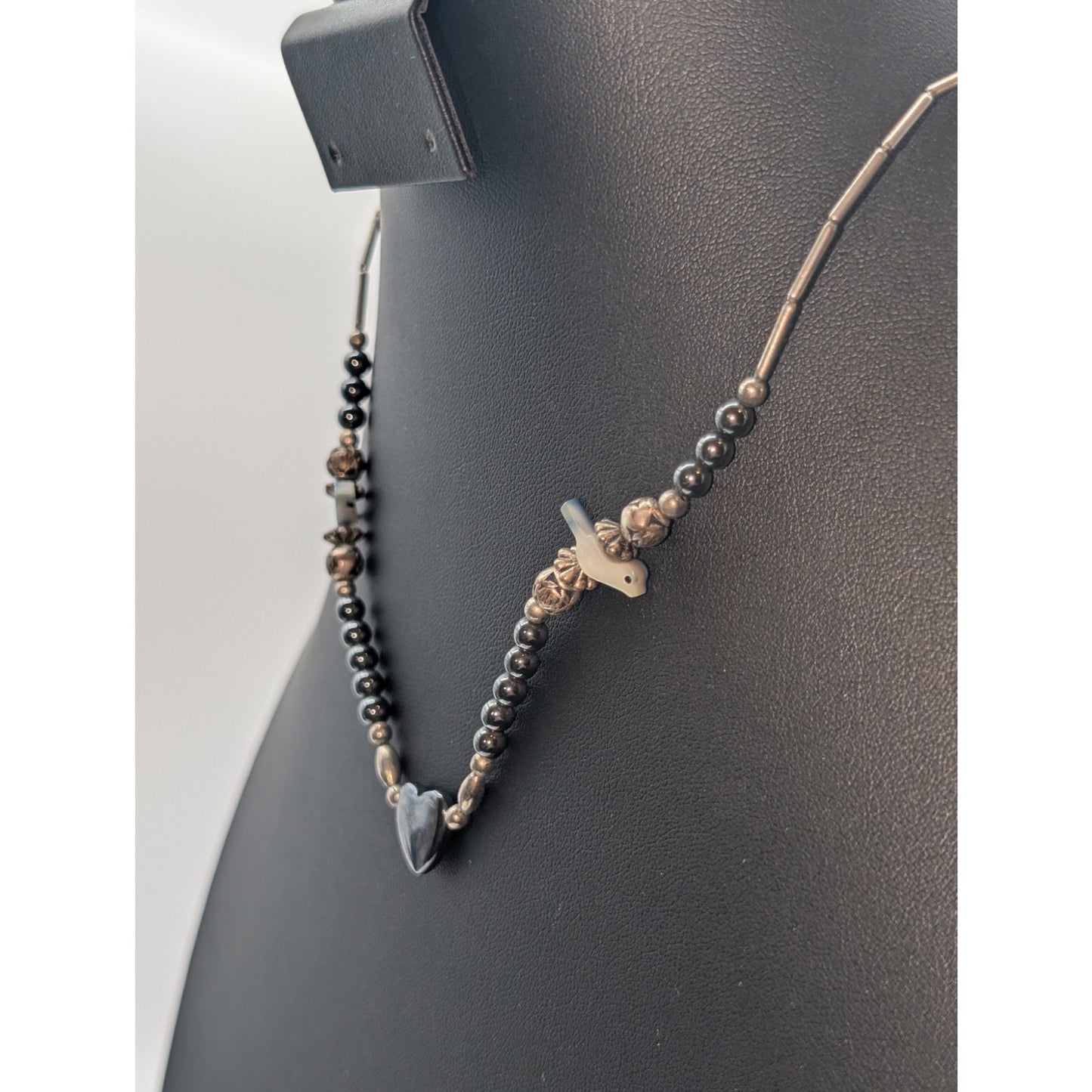 Vintage Liquid Silver Hematite Carved Bird Heart Beaded 17" Necklace