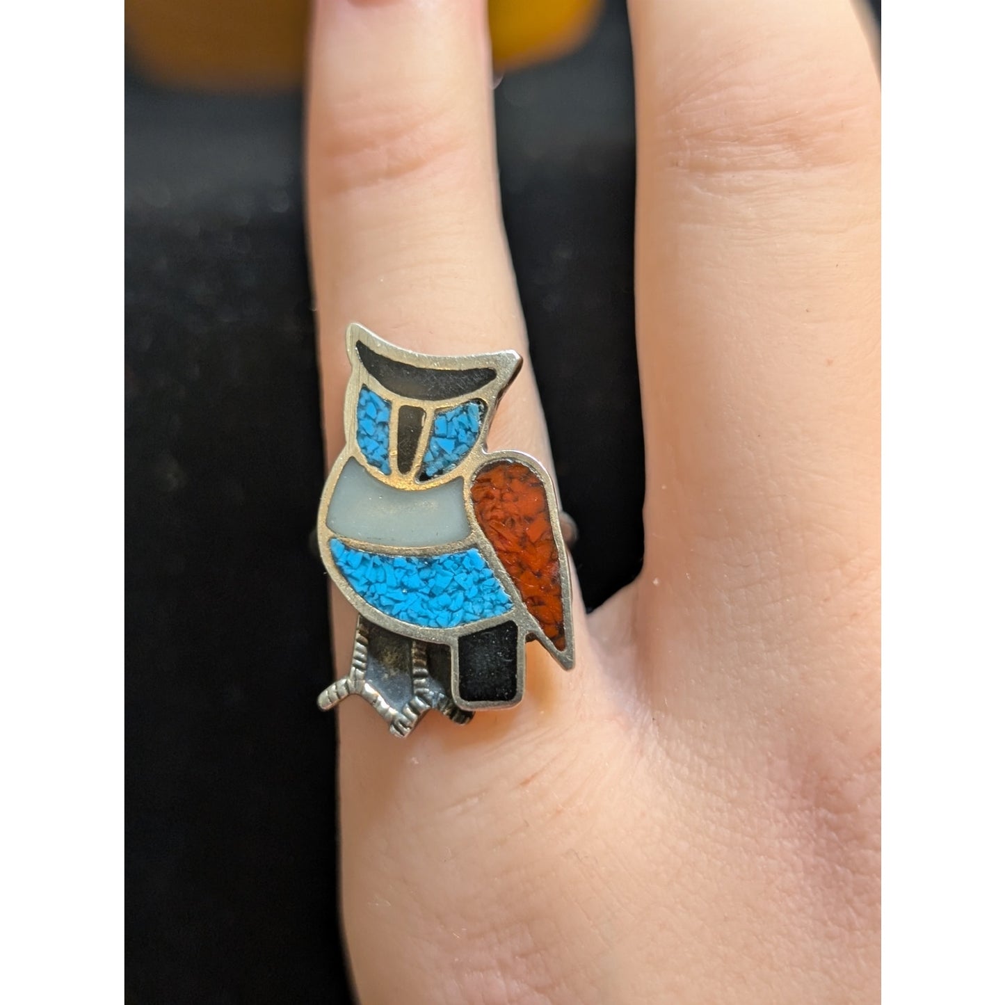 Vintage Native American Zuni Turquoise Sterling Silver Owl Inlay Ring Size 3.75