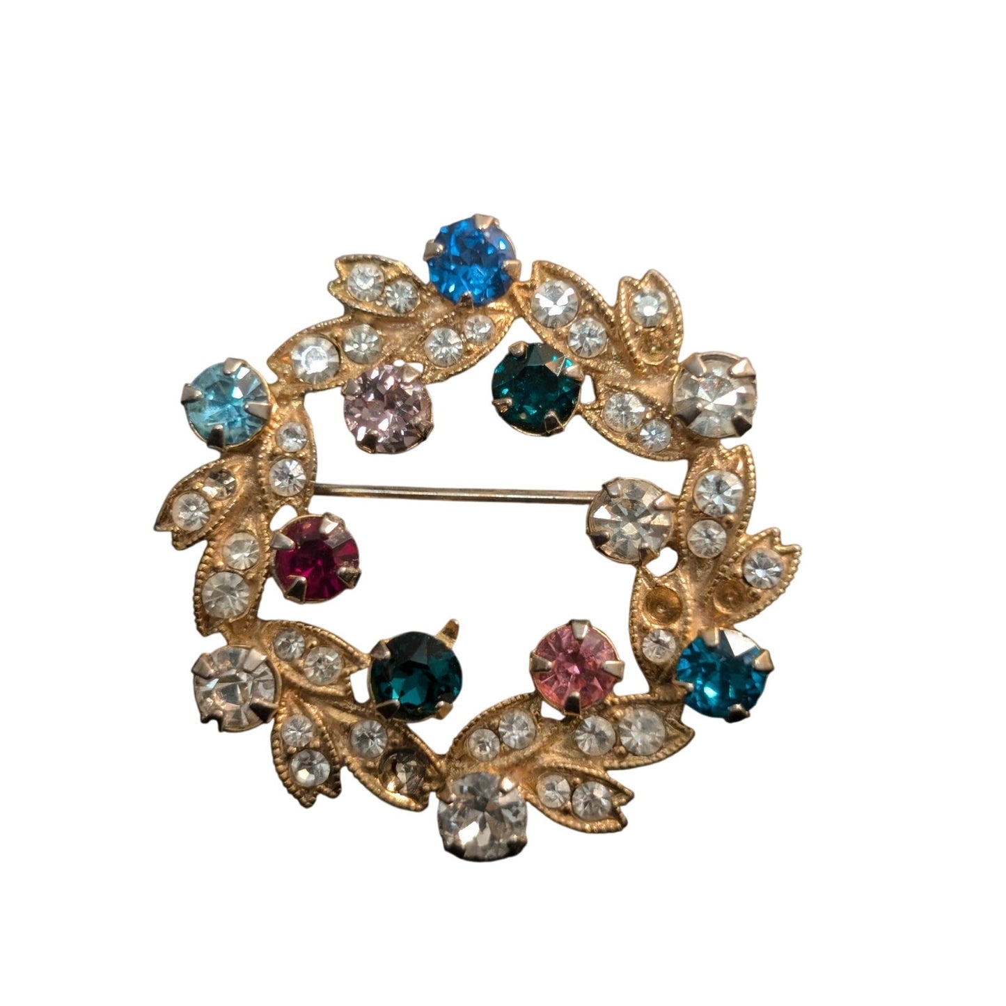 Eisenberg VTG Signed Multi Colored Rhinestone Wreath Brooch Pin Gold Tone