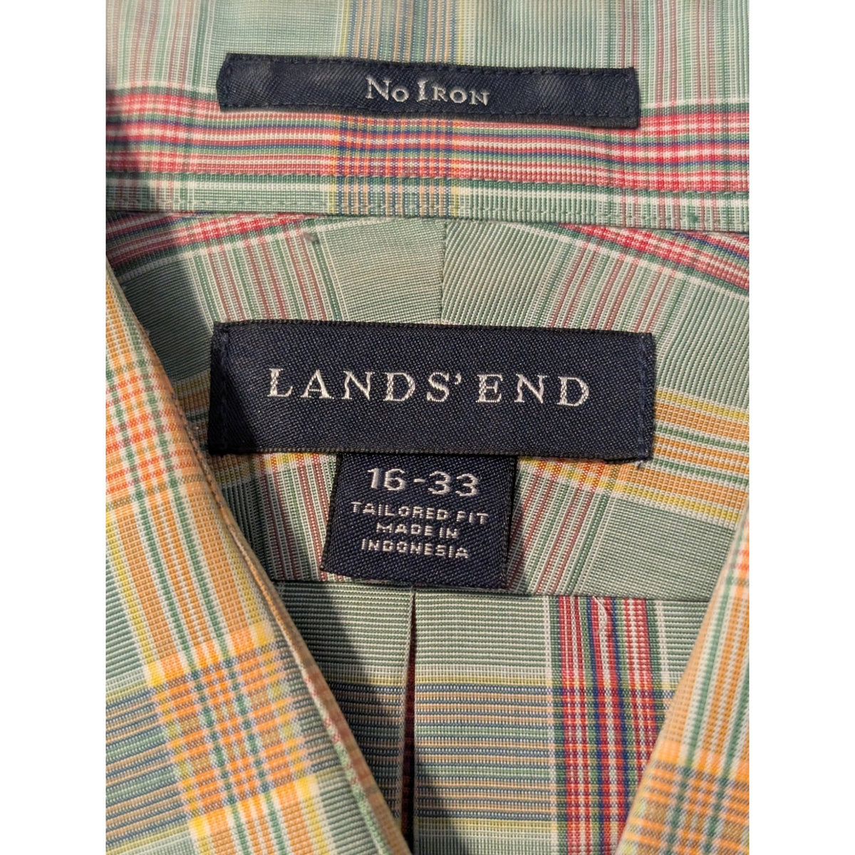 Lands' End Mint Plaid No Iron Tailored Fit Button Front Mens' Size 16-33 Shirt