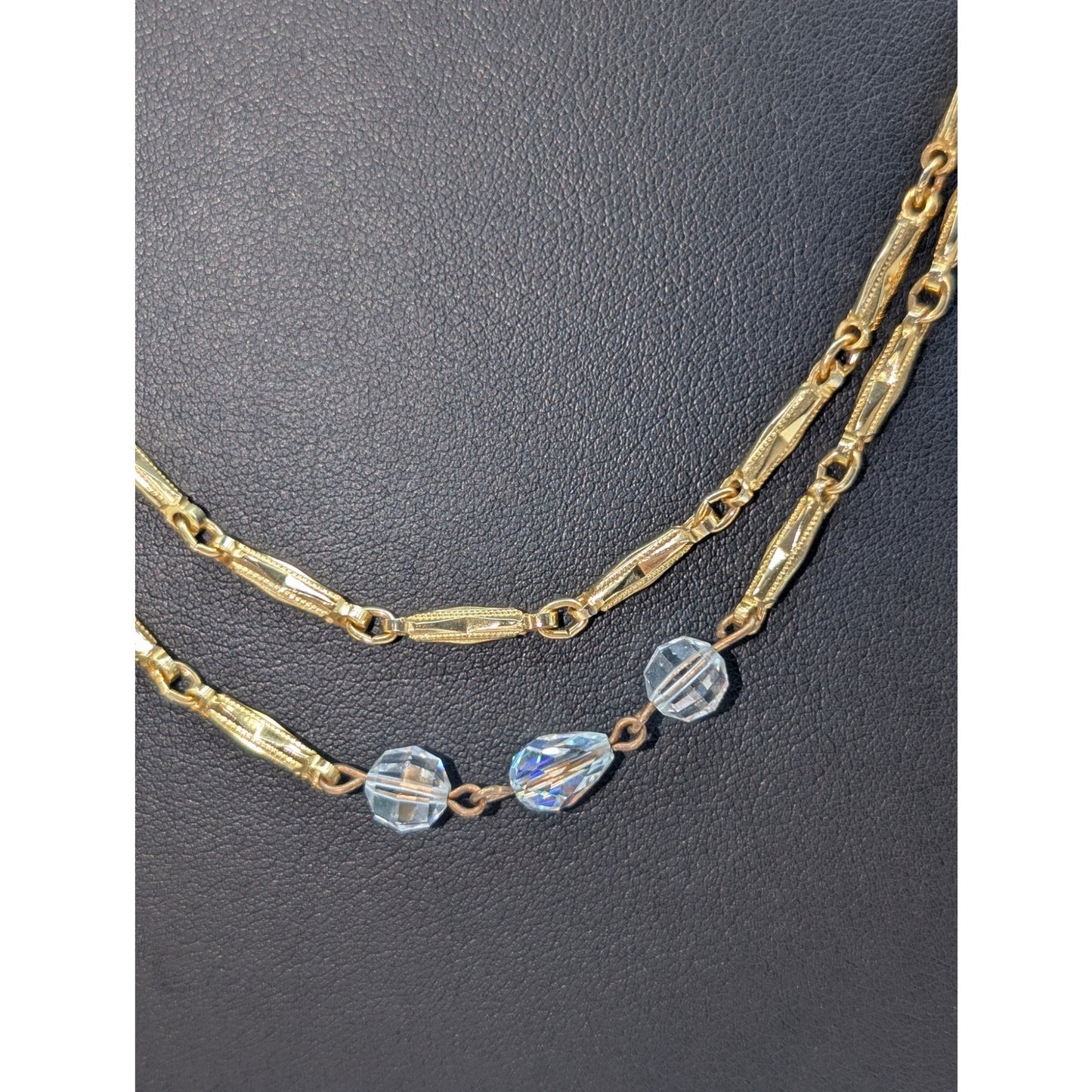 Vintage Glass Crystal Gold Tone Textured Chain Link 48" Long Strand Necklace